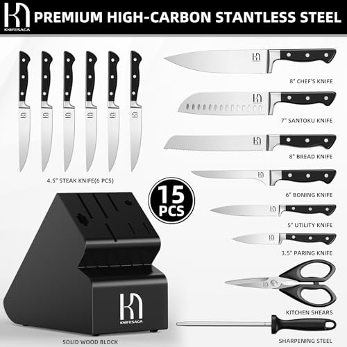 KnifeSaga Knife Set, 15 Pcs Knife Block Set, Enduring Razor-Sharp Japanese High Carbon Stainless Steel Kitchen Knife Set, Premium Forged Knife Set for Kitchen and Professional Chefs, Black