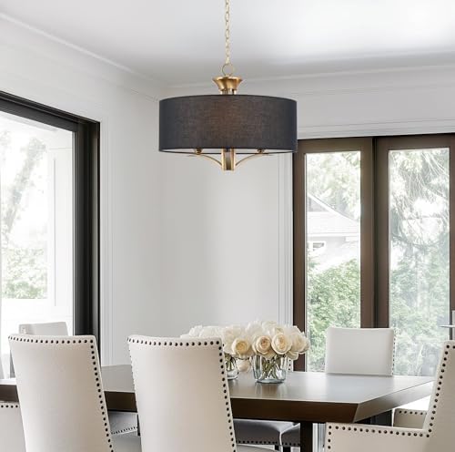 Kira Home Alondra 20" Modern 3-Light Drum Chandelier + Black Fabric Shade, Adjustable Height, Warm Brass Finish