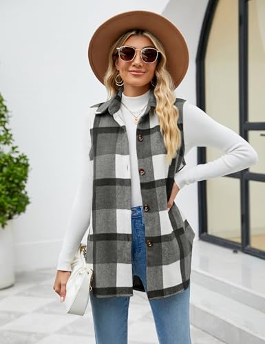 UANEO Womens Fall Flannel Plaid Vest Button Down Sleeveless Shirt Jacket With Pockets(Black-S)
