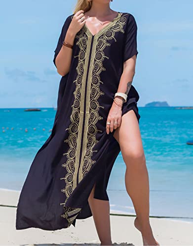 Alsol Lamesa Butterfly Bathing Suit Cover Up Kaftan Dresses for Women V Neck Ethnic Print Long Caftan Beach Dress