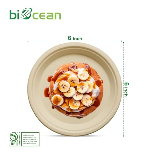 biocean 6 Inch Compostable Plates 100 Pack Heavy Duty Compostable Paper Plates, Eco-Friendly Sugarcane Bagasse Plates, Natural Brown, Ideal for Dinners, Events, and Weddings