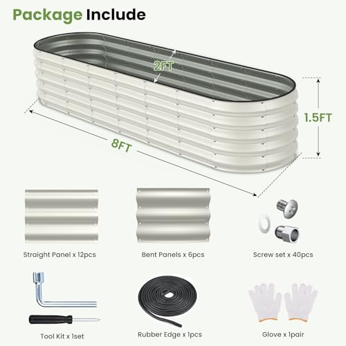 Pattiumo Oval 8x2x1.5 FT Galvanized Raised Garden Bed Kit, 7 in 1 Large Metal Planter Box for Outdoor Gardening, 18” Garden Bed for Vegetables Flower Herb(Pearl White)