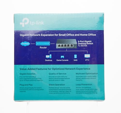 TP-Link TL-SG105, 5 Port Gigabit Unmanaged Ethernet Switch, Network Hub, Ethernet Splitter, Plug & Play, Fanless Metal Design, Shielded Ports, Traffic Optimization