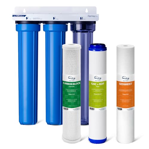 iSpring Whole House Water Filter System, Highly Reduces up to 99% Chlorine, Sediment, Taste, Odor, 3-Stage Water Filtration System w/Clear 1st-Stage Housing, Model: WCB32C, 3/4" Inlet/Outlet