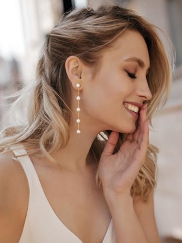 SWEETV 14K Gold Plated Long Pearl Drop Dangle Earrings for Women, Tassel Chain Baroque Pearl Wedding Bridal Earrings for Brides Bridesmaids, Prom Jewelry Gifts