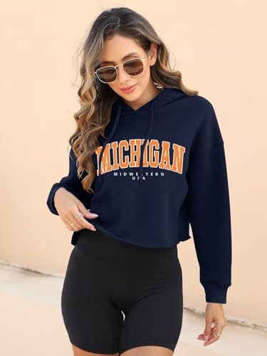 ORANDESIGNE Woman Letter Graphic Print Cropped Hoodie Long Sleeve Crop Fleece Casual Workout Loose Pullover Sweatshirt Tops LOS ANGELES Apricot Medium