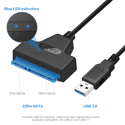 EYOOLD SATA to USB 3.0 Adapter Cable for 2.5 inch Hard Drive HDD/SSD Data Transfer, External Hard Drive Converter Support UASP (Black)