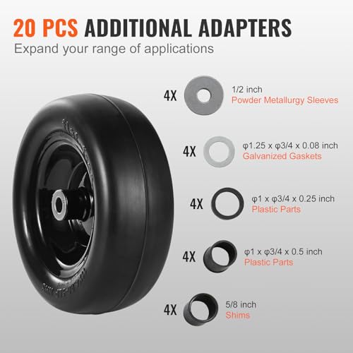 VEVOR Lawn Mower Tires with Rim, 11x4-5" Tubeless Tractor Tires, 2-Pack Tire and Wheel Assemby, Flat-free PU Tire, 3.4" Centered Hub, 3/4" Bushing Size, 20 PCS Adapters for Riding Mowers Lawn Tractors