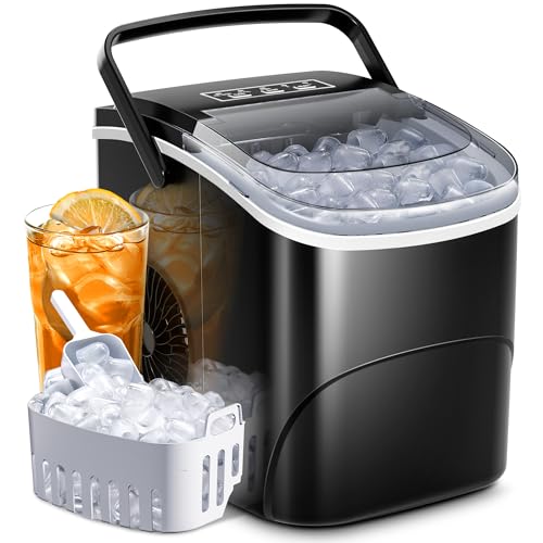 AGLUCKY Ice Makers Countertop, Portable Ice Maker Machine with Handle,26.5lbs/24Hrs, 6Mins/9Pcs Bullet Ice,Self-Cleaning Countertop Ice Maker with Ice Scoop for Home & Kitchen(Stainless Steels Black)