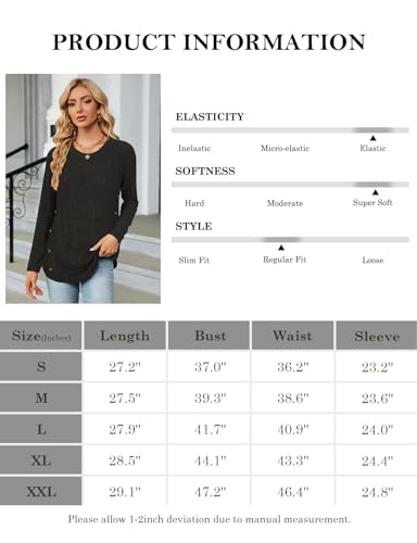 LURANEE Long Sleeve Shirts for Women,Long Sleeve Shirts for Women Lightweight Tunic Sweaters Casual Crewneck Tops Black S