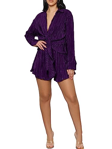 OPOIPIN Women's 2 Pieces Outfits Pleated Deep V Neck Tie Front Long Sleeve Blouse with Shorts Teal Blue Small