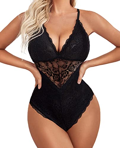 Avidlove Lingerie for Women Teddy Lingerie Snap Crotch Sexy Lace Bodysuit One Piece Teddy(Black,S)