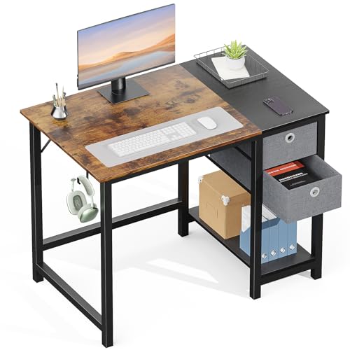 DUMOS Computer Desk with Drawers 48 Inch Office Bedroom Kids Writing Work Study 2-Tier Storage Drawers & Shelf Simple Modern Wood PC Table