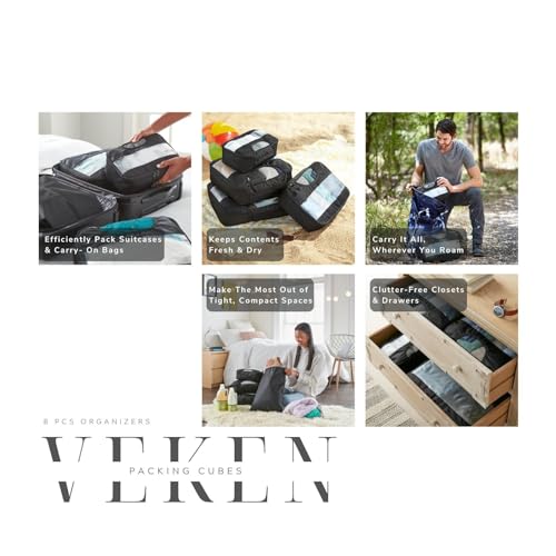 Veken 8 Set Packing Cubes for Suitcases, Travel Bag Organizers for Carry on Luggage, Suitcase Organizer Bags Set for Travel Essentials Travel Accessories in 4 Sizes(Extra Large, Large, Medium, Small)