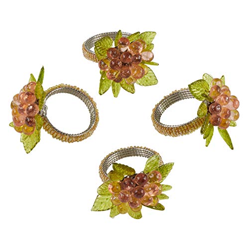 SARO LIFESTYLE NR728.AM NR728 Collection Beaded Napkin Rings with Flower and Leaves (Set of 4), 2.5" x 2.5", Amber