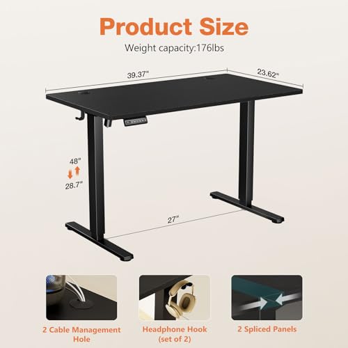 Sweetcrispy Electric Adjustable Height Standing Desk - 40 x 24 inch Sit to Stand Up Desk with Splice Board, Rising Home Office Computer Table with 2 Hook and Wire Hole for Work