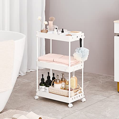 KINGRACK 3-Tier Rolling Utility Storage Cart with Adjustable Dividers,Multi-Purpose Storage Craft Art Cart Trolley Organizer,Slide Out Cart for Bedroom Bathroom Kid's Room Laundry Room,Pink
