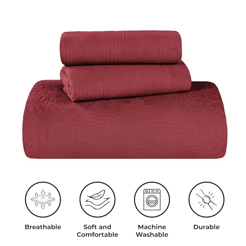 Superior Cotton 2-Piece Bedspread Set, Home Bed Decor, Warm Bedding, 1 Oversized Bedspread, 1 Pillow Sham, Medium Weight Blanket, Medallion Scroll, Matelasse Woven, Victory Collection, Twin, Garnet