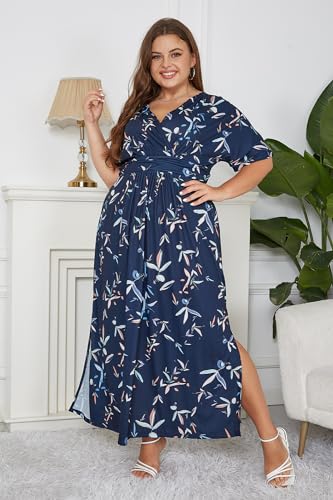 Keluummi Plus Size Wedding Guest Maxi Dress for Curvy Women, Summer Formal Floral Long Wrap Cocktail Dress with 3/4 Sleeve(16 Plus, 01 - Navy Blue Floral)