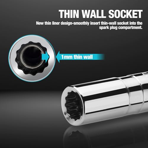 DURATECH 2PCS 5/8" Swivel Magnetic Spark Plug Socket Set, 3/8" Drive Thin Wall Socket Includes 11" Total Length and 6" Total Length with 6-Point, Enhanced Magnetic Head, Cr-V Steel Made