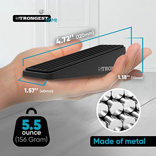 Strongest Door Stopper, Heavy Duty Door Stop Wedge Made of Premium Quality Zinc and Rubber Suits Any Door,Any Floor. Set of 2 and Additional Self Adhesive Wall Protectors (Black, 2 Pack)