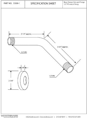 Westbrass 1/2" IPS x 6" Shower Arm, Matte Black, D300-1-62