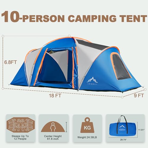UNIHIMAL Tents for Camping, Waterproof 10 Person Family Tent with Double Layer & 4 Large Mesh Windows, Weather Resistant Easy Setup 2 Room Big Tent for Music Festival, Parties, 18 X 9 X 6.8Ft(Blue)