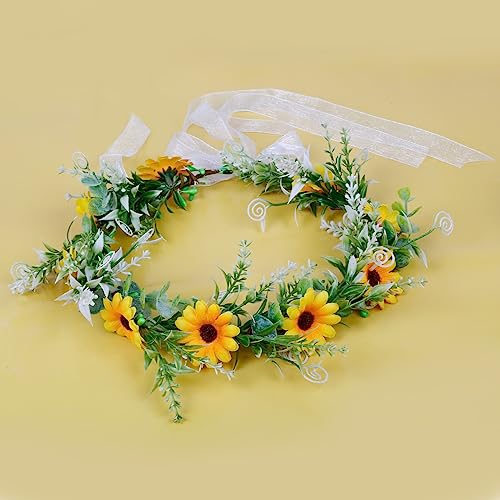 WOVOWOVO Sunflower Crowns For Girls Women, Bridal Daisy Flower Leaf Crown Bride Hair Accessories Floral Wreath Headband With Ribbon For Wedding Birthday Vacation Party Festival Photo Prop