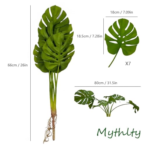 Mythlty 2 Artificial Tropical Monstera Plants Real Touch for Pot or in Vases Fake Plant with Stems and Roots Faux Greenery Wall Decor for Indoor Outdoor Home Office (Monstera)