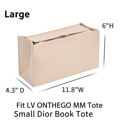 Doxo Purse Organizer Insert, Felt Bag in Bag with Zipper, Perfect for L ONTHEGO MM 35 & Small D Book Tote Medium(Beige-With Cover, L)