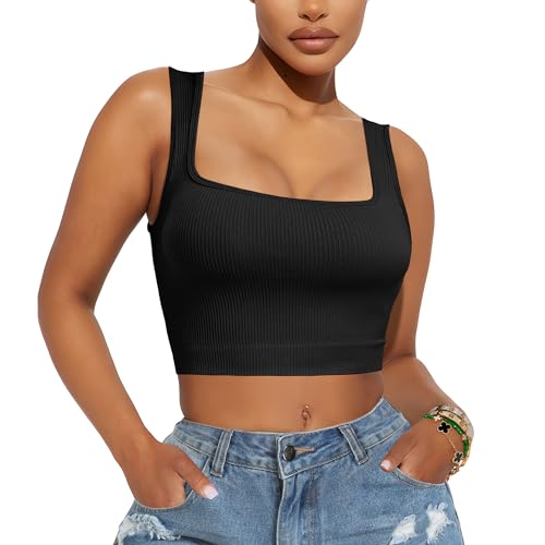 PEIQI Womens Going Out Tank Crop Tops Summer Fashion Outfits Sleeveless Basic Seamless Square Neck Cute Tops Black Small