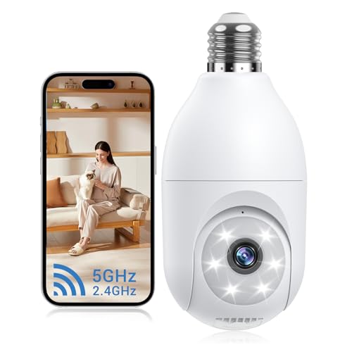 Light Bulb Security Camera Wireless Outdoor Indoor, 5G&2.4G WiFi Security Cameras with Patrol Function, AI Human Detection, Motion Tracking, Two-Way Talk, Color Night Vision, Alarm, 24/7 Recording