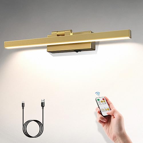 VOLISUN Picture Light Battery Operated with Remote, 3CCT Dimmable Picture Light for Paintings, USB-C Rechargeable, 15.7in Battery Operated Wall Sconce for Art Painting Gallery Bedroom Computer(Gold)