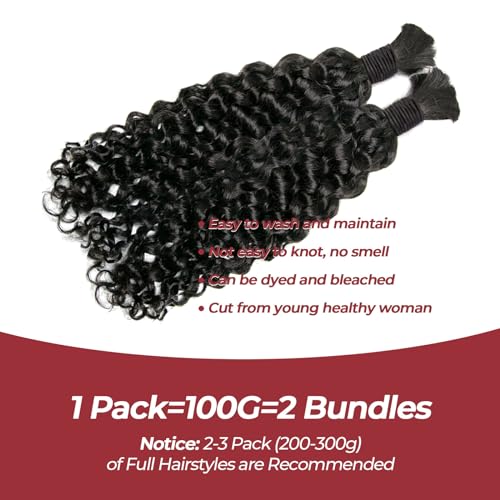 Human Braiding Hair for Boho Braids 99J 14 Inch Curly Human Hair for Boho Braids 2 Bundles 100g Boho Hair for Braiding 100% Deep Wave Bulk Human Hair for Boho Knotless Braids (99J,14inch)