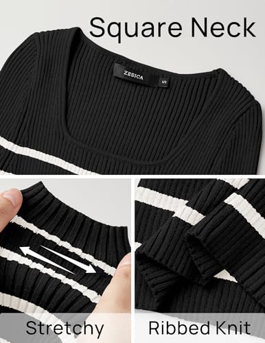 ZESICA Women's Ribbed Long Sleeve Sweater Square Neck Knit Tops 2024 Fall Casual Striped Pullover Black S
