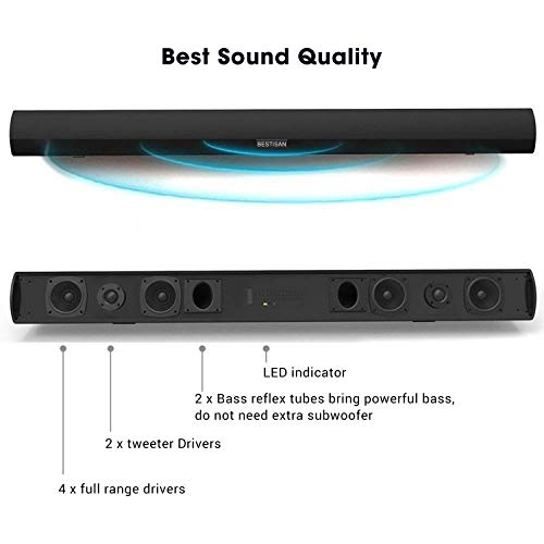 Sound bar, BESTISAN Soundbar Wired and Wireless Bluetooth 5.0 HDMI-ARC Speaker for TV (28 Inches, HDMI-ARC Connection, Optical Cable Included, DSP, Bass Adjustable, Wall Mountable)
