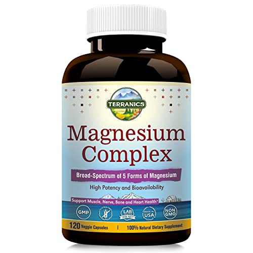 Terranics 5-in-1 Magnesium Complex Supplement 500mg - 5 Forms High Absorption Magnesium Glycinate Citrate Malate Aspartate Gluconate - Non-GMO 120 Vegan Magnesio Capsule for Sleep Muscle Heart Health