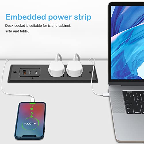 CCCEI Recessed Power Strip with Two USB-C Ports, Fast Charging USB A Port Desk Outlet, Black Furniture Hidden Charging Station for Side Table, End Table, with 6 FT 45 Degree Flat Plug Extension Cord.