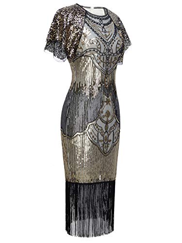 FAIRY COUPLE 1920s Knee Length Flapper Party Dress Layer Tassels Hem Sequined Cap Sleeve Cocktail Dress S Champagne Gold
