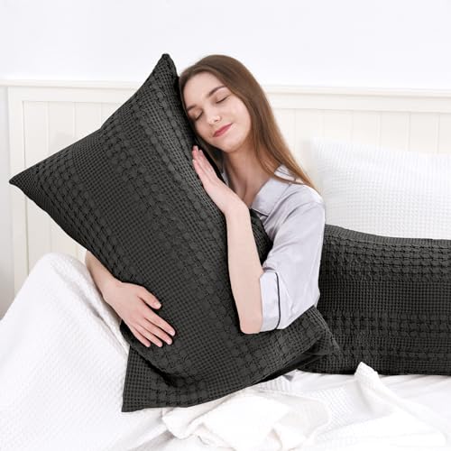 PHF 100% Cotton Waffle Pillowcases Queen Size, 2 Pack Soft Breathable Skin-Friendly Pillow Sham, Asthetic Decorative Waffle Weave Pillow Case Covers, 20" X 30", No Filling, Oatmeal