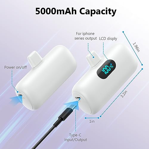 [2 Pack]Mini Portable Charger 5000mAh,Ultra-Compact 15W PD Fast Charging Power Bank,LCD Display Cute Battery Pack Backup Charger Compatible with iPhone 14/14 Pro Max/13/13 Pro/12/XR/8/7/6-Black+White