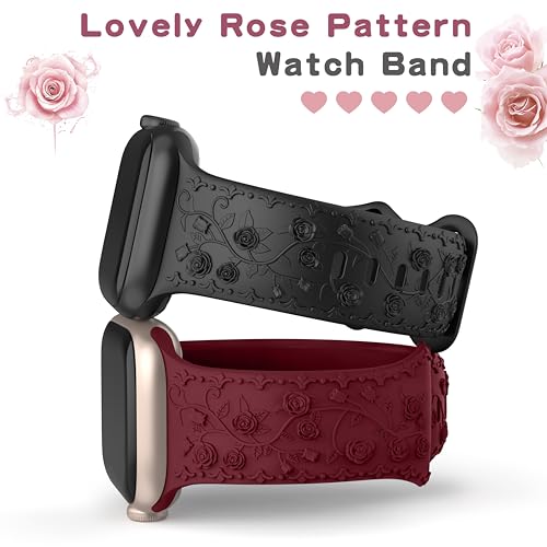 Embossed Flower Band Compatible with Apple Watch Band 40mm 44mm 41mm 38mm 45mm 42mm 49mm Women,Cute Rose Engraved Strap Soft Silicone Wristbands for iWatch Series 9 8 7 6 SE 5 4 3 2 1 Ultra