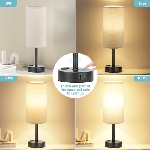 Fenmzee Turquoise Nightstand Table Lamp for Bedroom - 3 Way Dimmable Touch Lamp USB A and C Charging Ports and AC Outlet, Small Lamp for Office Desk with Metal Base, LED Bulb Included