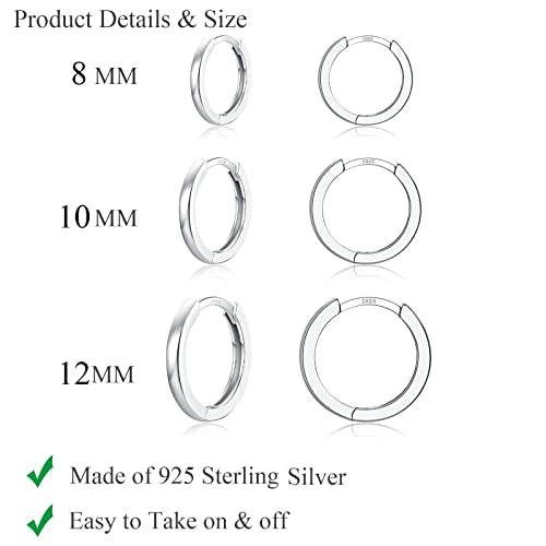 4 Pairs 925 Sterling Silver Hoop Earrings 14K White Gold Plated Small Silver Hoop Earrings for Women Huggie Cartilage Hoop Earrings for Women Men (6 8 10 12 MM)