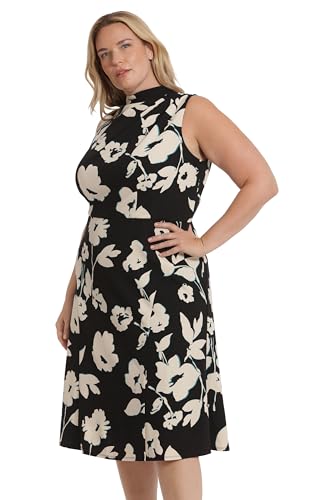 Maggy London Women's Plus Size High Neck Empire Waist Midi Dress Career Workwear, Bloom-Black/Cream