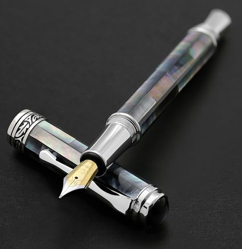 Xezo Maestro Fountain Pen, Medium Nib. Handcrafted with Black Mother of Pearl Inlay. Platinum Plated. Limited Edition, Serialized. No Two Alike