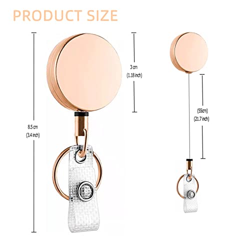 Heavy Duty Retractable Badge Reel Metal Badge Holder Reel with Belt Clip Key Ring for ID Card Keychain, 21.6" Reinforced Steel Wire Cord (Rose Gold+Black)