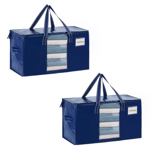 VENO 2 Pack Moving Bags, Comforter and Blanket Storage Bags for Closet, Moving Boxes, Boxes with Lids Alternative, College Dorm Packing Supplies, Foldable Heavy-Duty Tote with Window (Blue, 2 Pack)