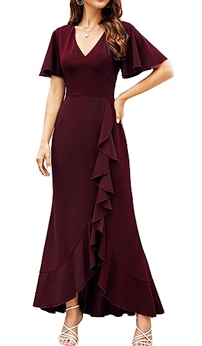 CARROTMOB Women's Formal Dresses V Neck Short Sleeve Ruffle Long Dresses for Women Wedding Guest Burgundy X Large