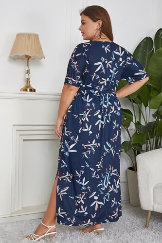 Keluummi Plus Size Wedding Guest Maxi Dress for Curvy Women, Summer Formal Floral Long Wrap Cocktail Dress with 3/4 Sleeve(16 Plus, 01 - Navy Blue Floral)